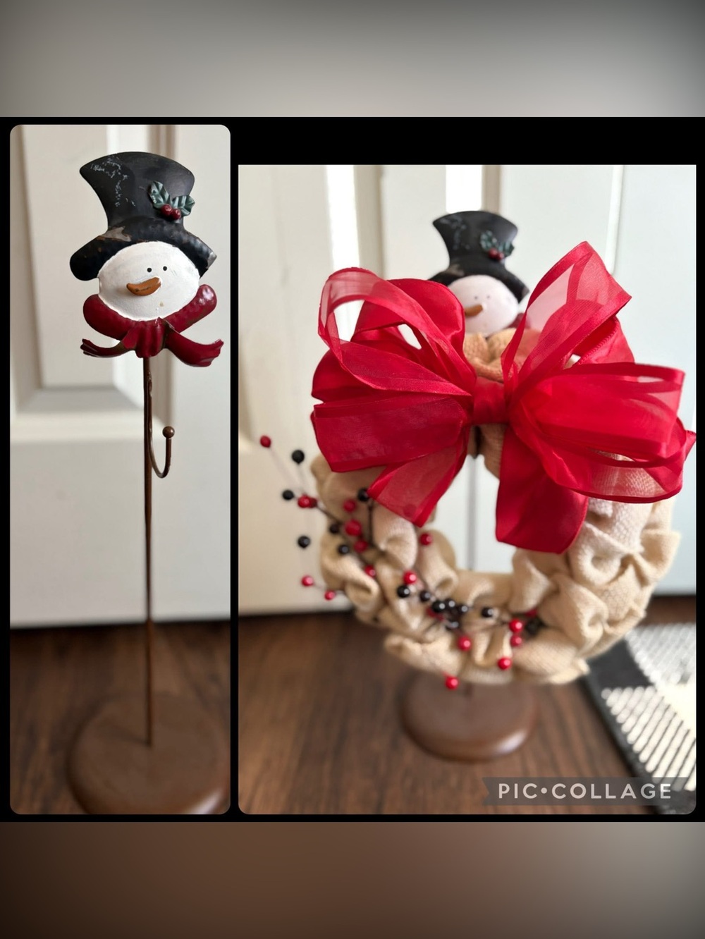 Festive Snowman Burlap Wreath with Red Bow - Home Holiday Decor
